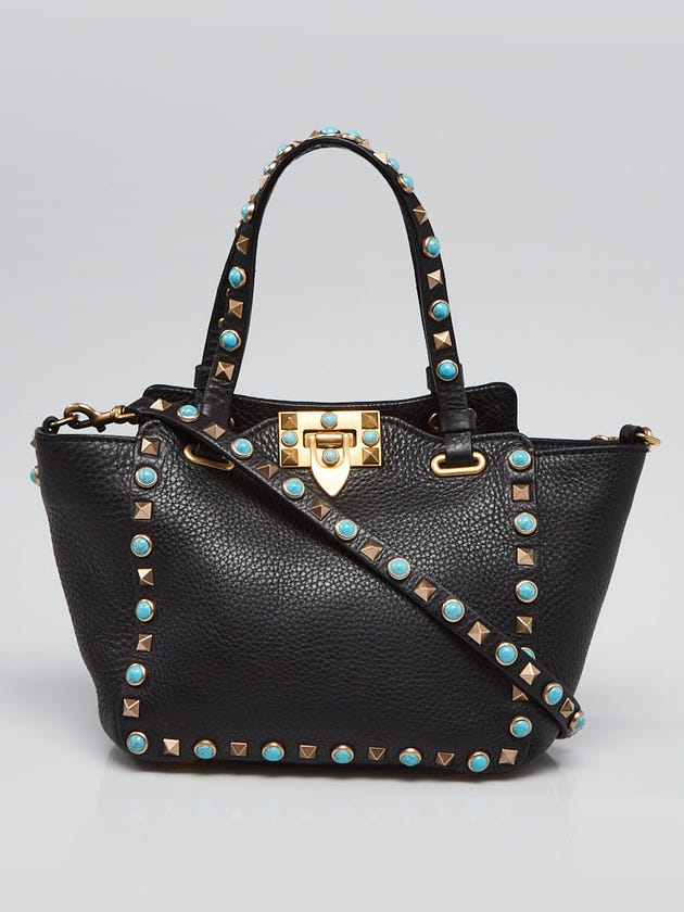 Valentino Black Pebbled Leather Turquoise Rolling Rockstud Mini Trapeze Bag