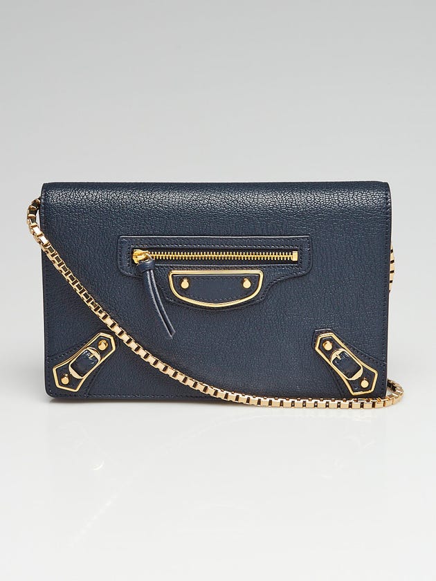 Balenciaga Bleu Nuit Grained Goatskin Leather Metallic Edge Wallet on Chain Bag