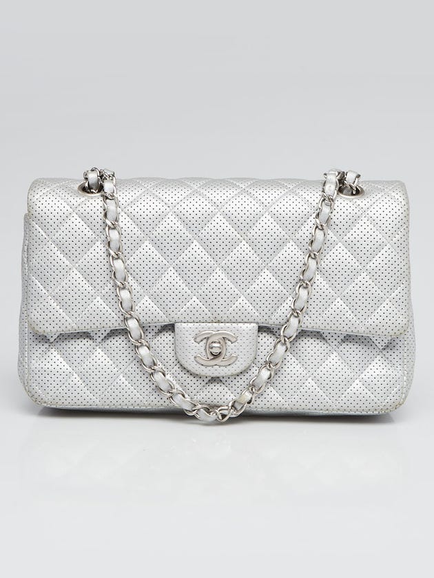 Chanel Silver Quilted Perforated Lambskin Leather Classic Medium Double Flap Bag