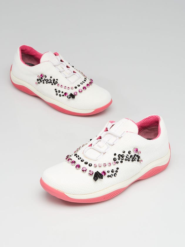 Prada White/Pink Mesh Nylon and Crystal Sneakers Size 8.5/39