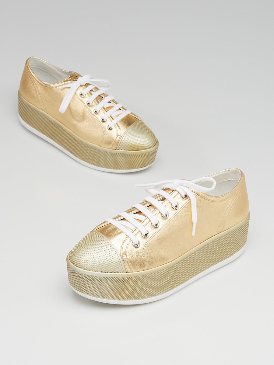 Prada Gold Leather Platform Sneakers Size /40 - Yoogi's Closet