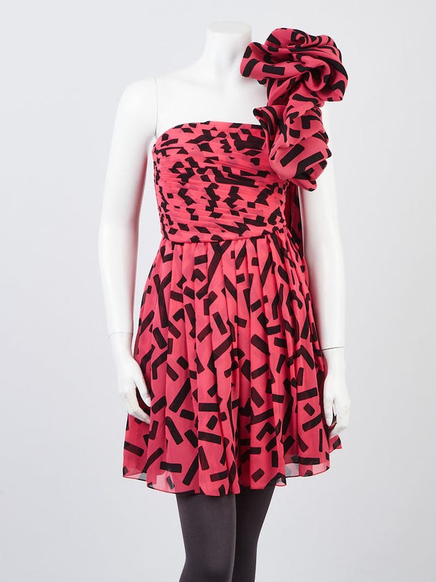 Yves Saint Laurent Pink/Black Silk Pleated Asymmetrical Dress Size 4/36