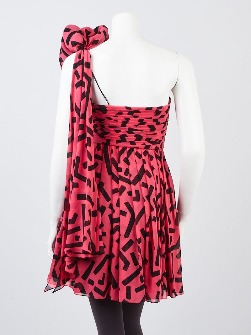 Yves Saint Laurent Pink/Black Silk Pleated Asymmetrical Dress Size 4/36