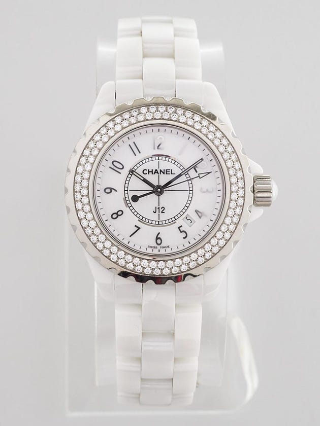 Chanel White J12 Ceramic and Diamonds 33mm Quartz Watch H0967
