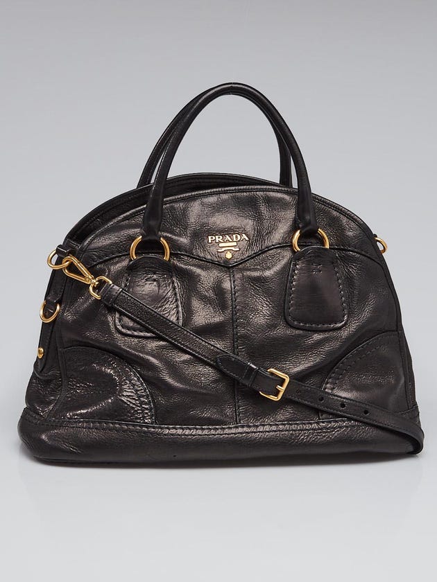 Prada Black Cervo Shine Leather Bauletto Bowler Bag BL0688
