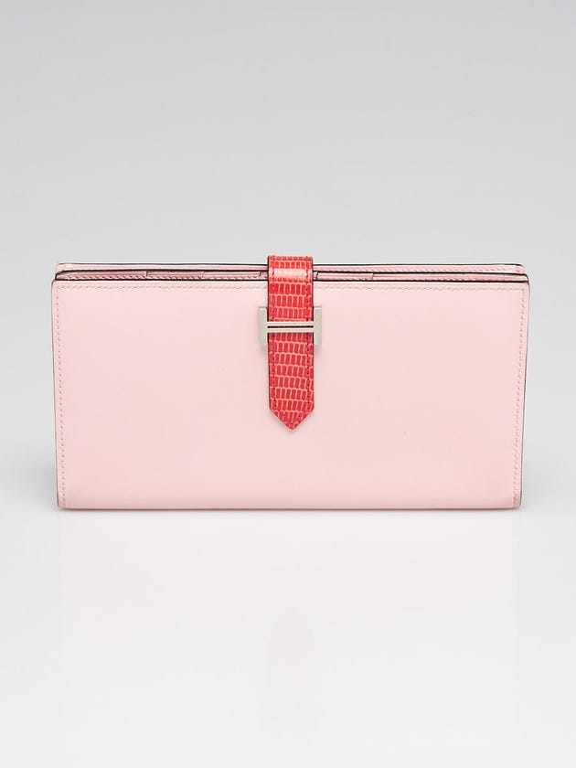 Hermes Bi-Color Rose Sakura Tadelakt Leather and Bougainvillea Lizard Palladium Plated Bearn Wallet