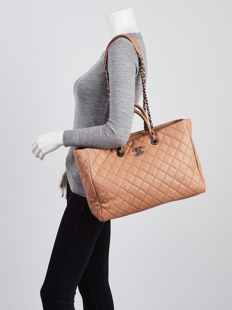 Chanel Beige Quilted Caviar Leather Coco Handle Shopping Tote Bag