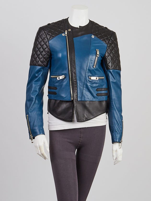 Balenciaga Blue/Black Quilted Lambskin Leather Biker Jacket Size 4/38