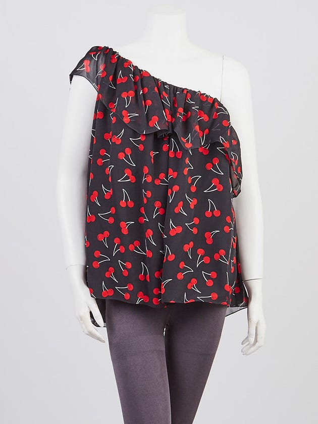 Yves Saint Laurent Black Silk Cherry Print One Shoulder Blouse Size 10/42