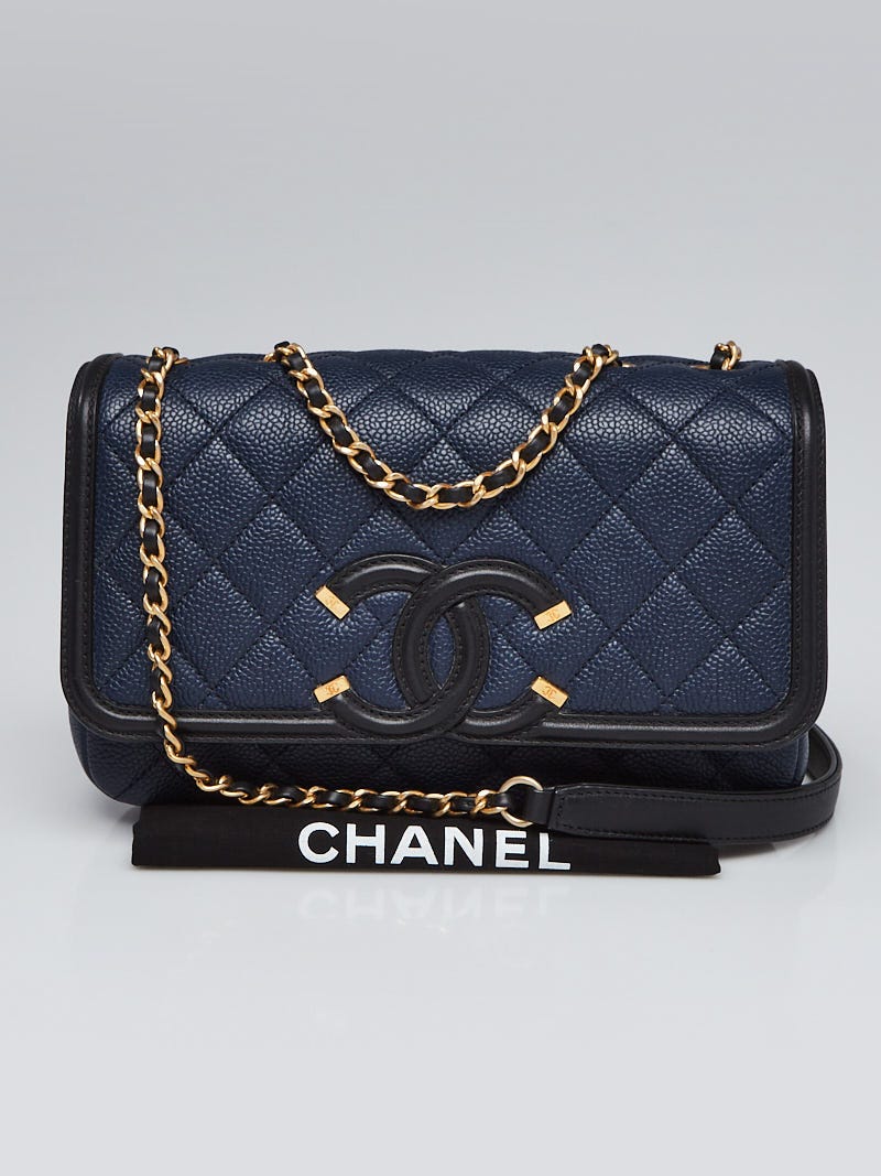 Chanel Navy Blue/Black Quilted Caviar Leather CC Filigree Small