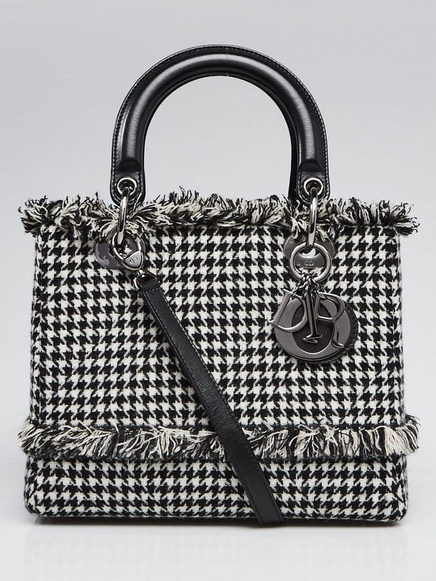 Christian Dior Black/White Houndstooth Patterned Tweed Medium Lady Dior Bag