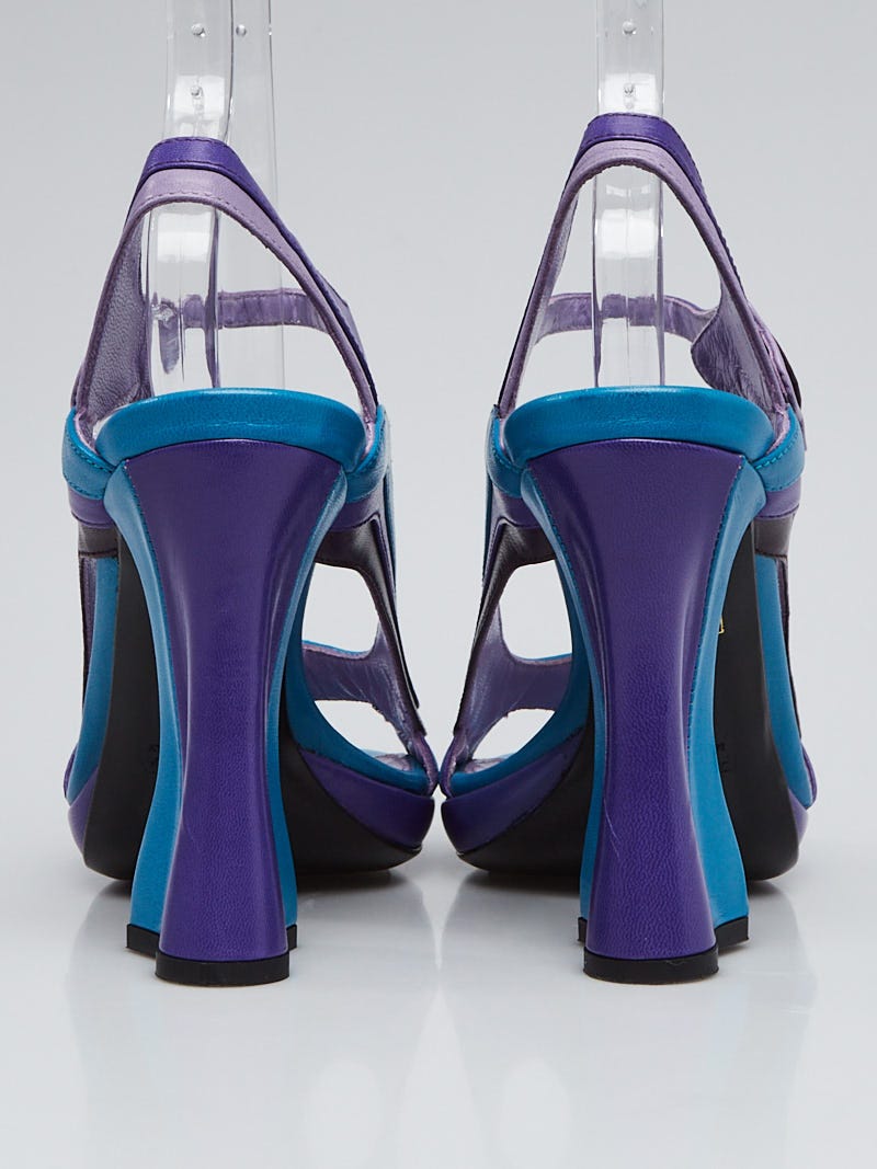 Prada Purple/Blue Striped Leather Wavy Heeled Open-Toe Pumps Size