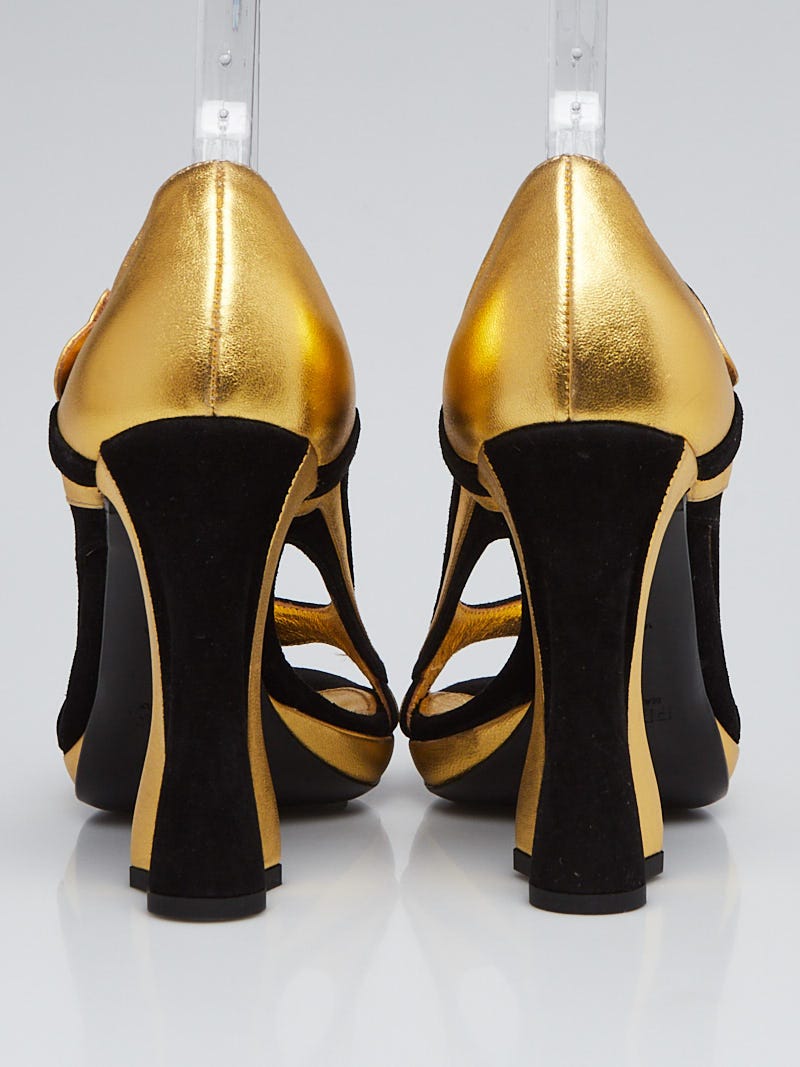 Prada Gold Leather and Black Suede Wavy Heeled Open-Toe