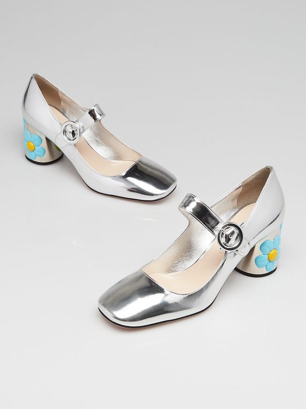 Prada Silver Metallic Floral Leather Mary Jane Pumps Size 7.5/38