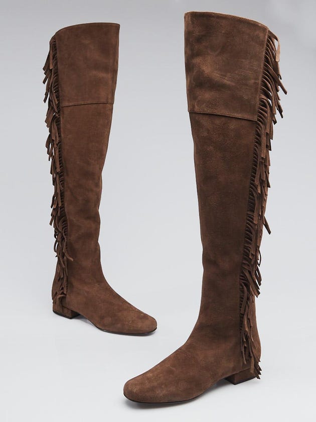 Yves Saint Laurent Brown Suede Fringe Over-the-Knee Flat Boots Size 6/36.5