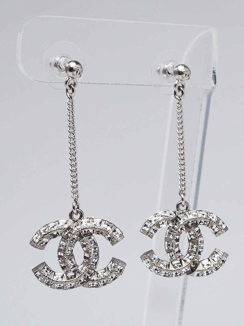 Chanel Silvertone and Crystal CC Drop Earrings - Yoogi's Closet