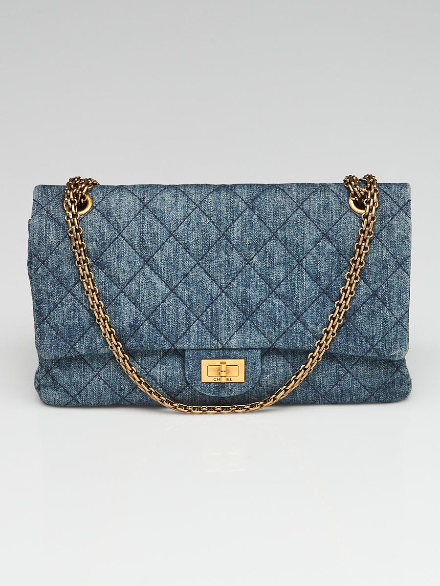 Chanel Dark Blue Printed Denim Quilted Mini Rectangular Classic Single Flap Gold Hardware, 2022 (Like New), Womens Handbag
