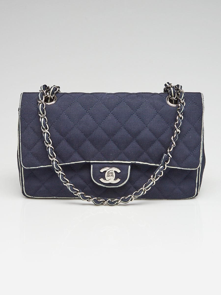 Chanel Navy Blue Quilted Fabric Hand Painted Trim Medium Flap Bag - Yoogi's  Closet