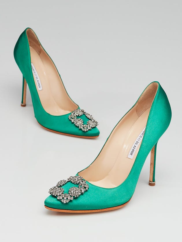 Manolo Blahnik Green Satin and Crystal Buckle Hangisi 105 Pumps Size 8.5/9