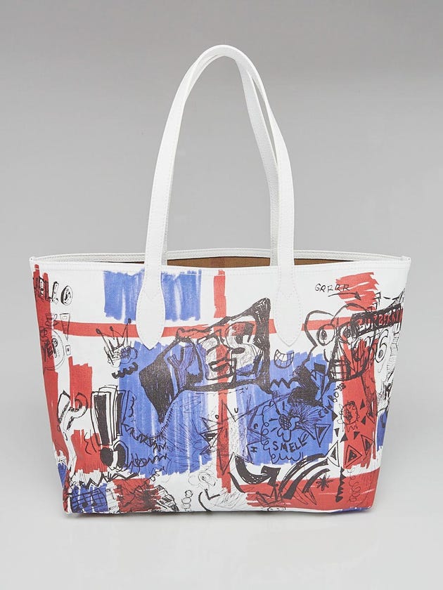 Burberry Red/White/Blue Classic Check Canvas Doodle Reversible Tote Bag