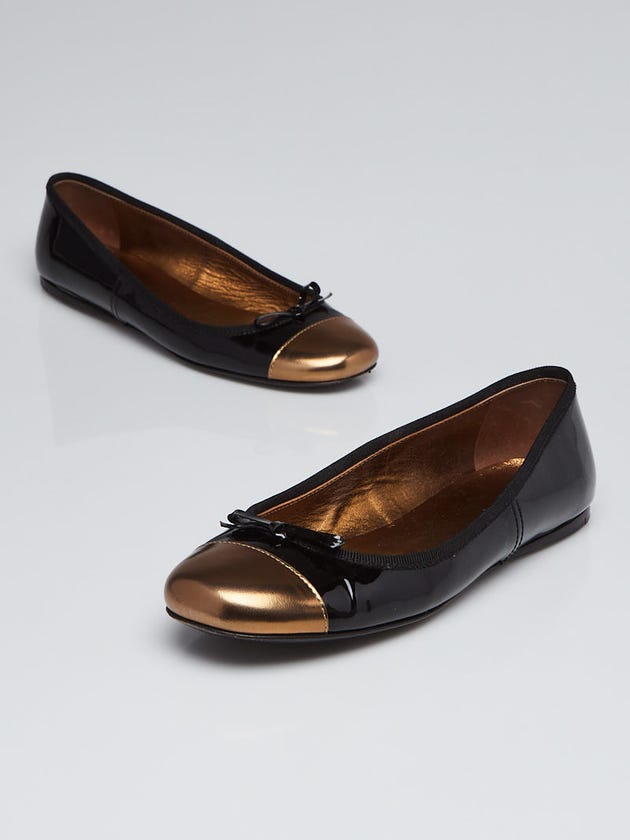 Prada Gold/Black Patent Leather Cap Toe Ballet Flats Size 6/36.5