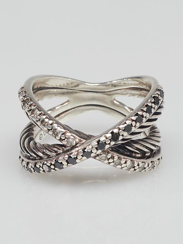 David Yurman Sterling Silver Cable with White and Black Diamond Crossover Ring Size 6