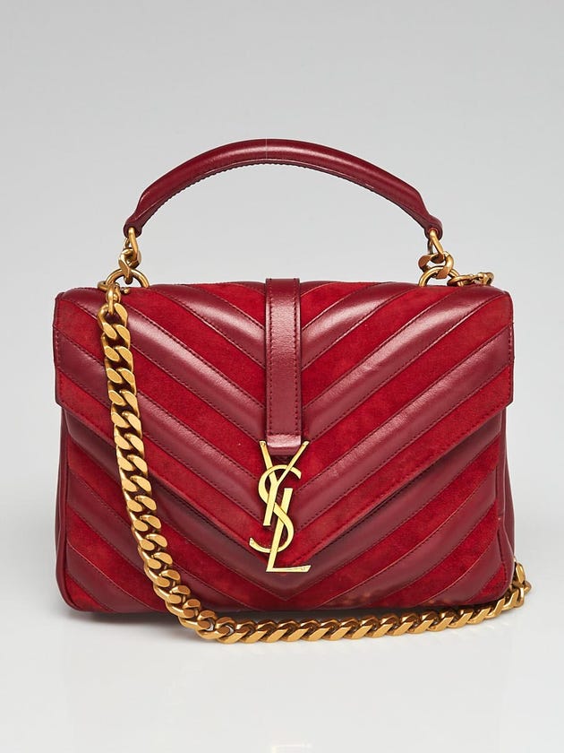 Yves Saint Laurent Red Chevron Quilted Leather and Suede Medium College Bag