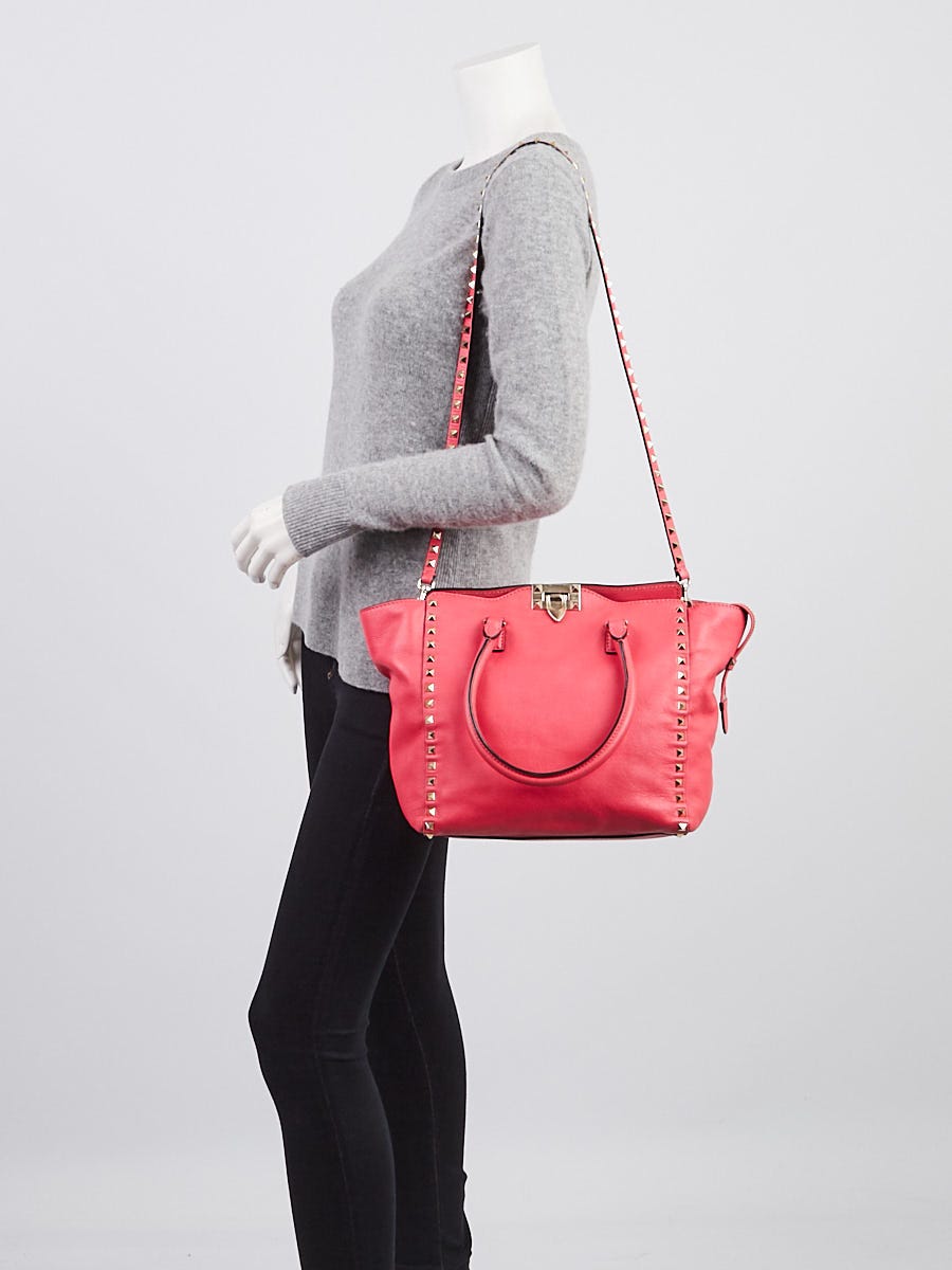 Valentino Fuchsia Smooth Calfskin Leather Rockstud Double Handle Tote Bag