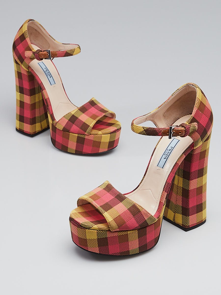 Prada Pink Yellow Brown Plaid Canvas Platform Open Toe Sandals