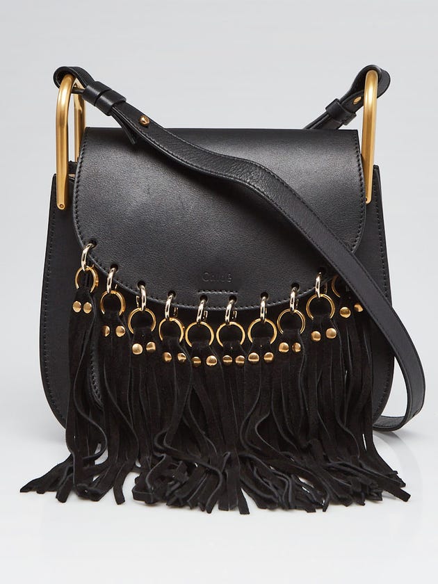 Chloe Black Leather and Suede Fringe Small Hudson Crossbody Bag