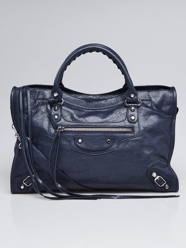 Balenciaga Bleu Obscur Lambskin Leather Classic Silver City Bag