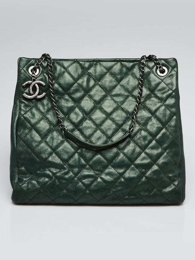 Chanel Metallic Green Quilted Caviar Leather Chic Tall Shopping Tote Bag