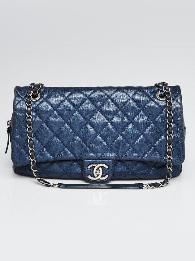 Chanel Dark Blue Glazed Quilted Caviar Leather Easy Jumbo Flap Bag