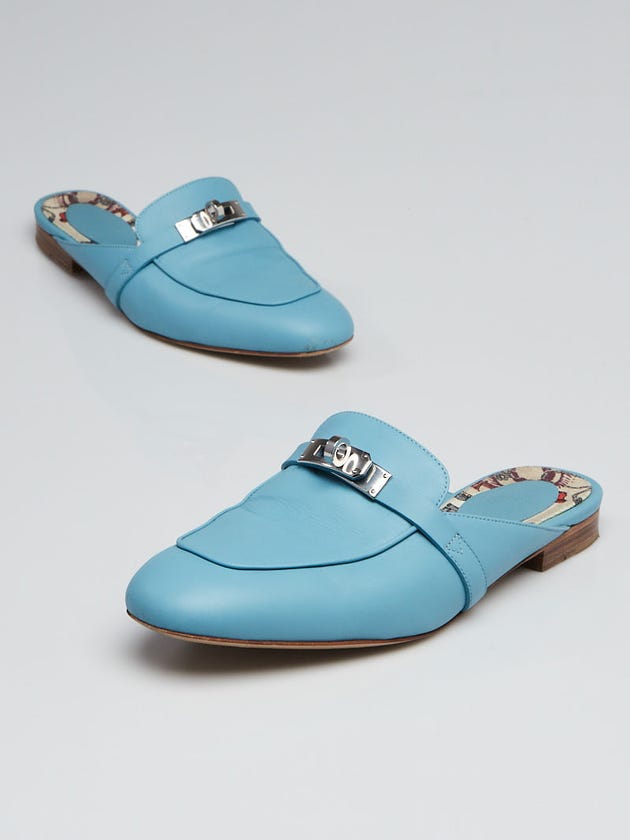 Hermes Ciel Blue Calfskin Leather Palladium Plated Oz Mules Size 7/37.5