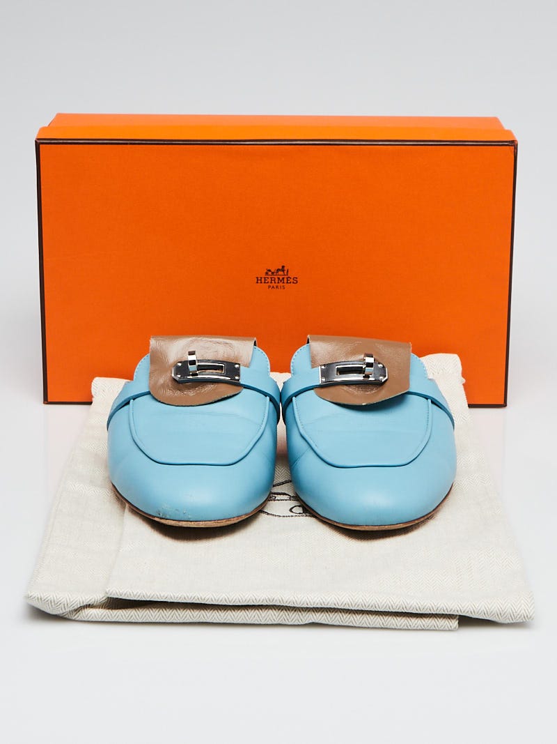 Hermes Ciel Blue Calfskin Leather Palladium Plated Oz Mules