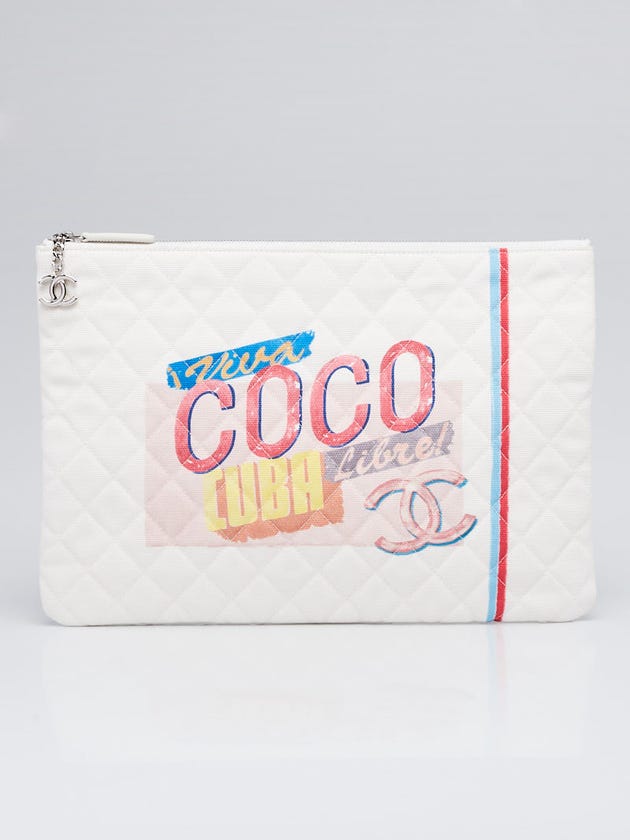 Chanel White Quilted Canvas Coco Cuba Large O-Case Zip Pouch