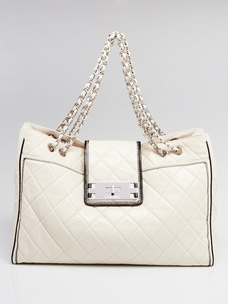 Chanel White Quilted Lambskin Leather East/West Large Tote Bag