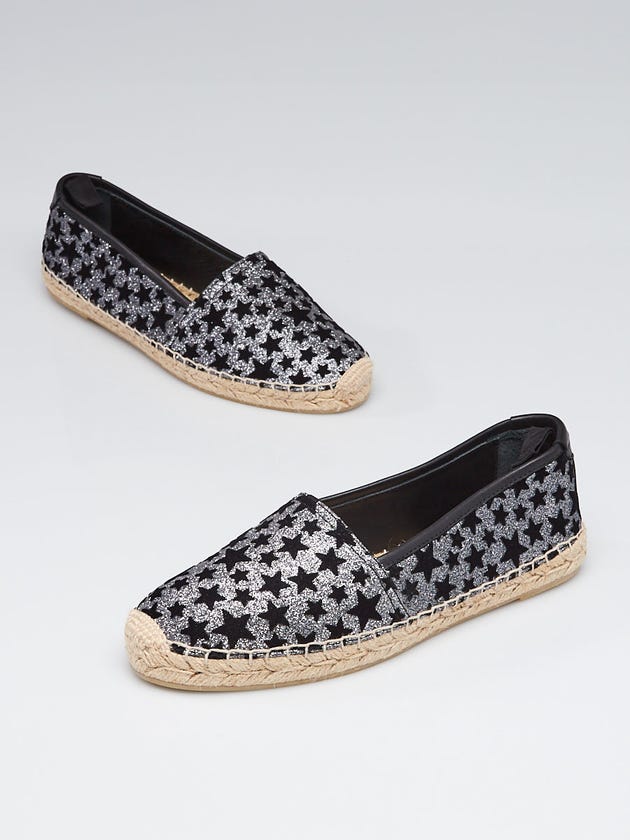 Yves Saint Laurent Silver Glitter Leather/Velvet Stars Espadrille Flats Size 6.5/37
