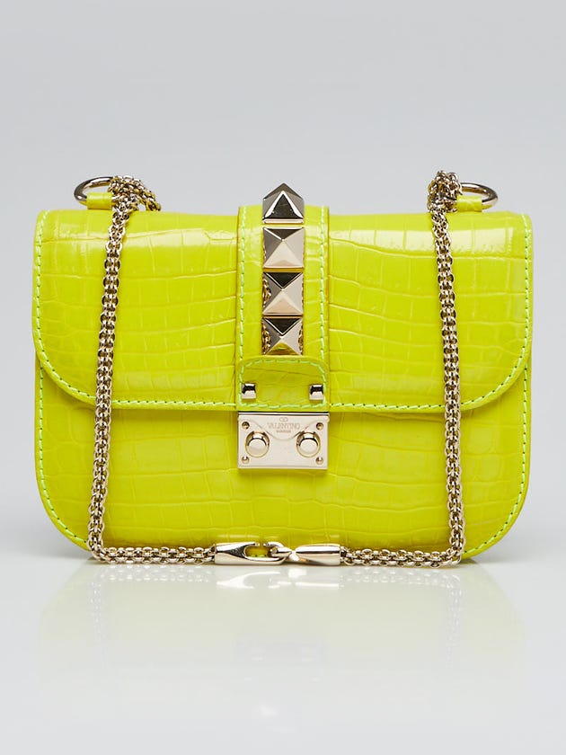 Valentino Fluorescent Yellow Crocodile Leather Rockstud Lock Small Flap Bag