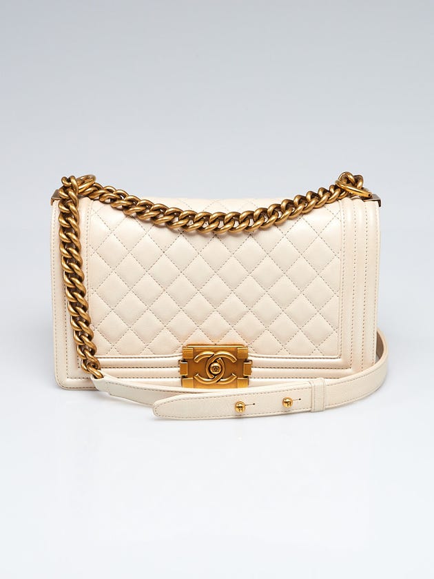 Chanel Off White Quilted Lambskin Leather Medium Boy Bag