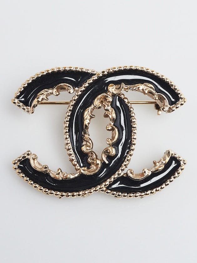 Chanel Gold Metal and Black Enamel CC Brooch