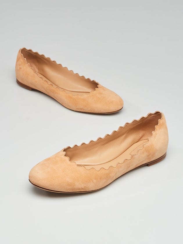 Chloe Nude Suede Scalloped Lauren Ballet Flats Size 7/37.5
