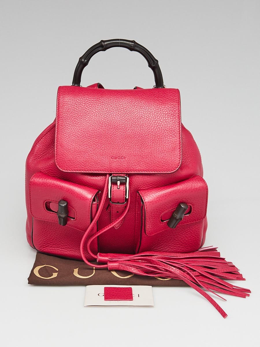 Gucci New Fuschia Pebbled Leather Bamboo Backpack Bag - Yoogi's Closet