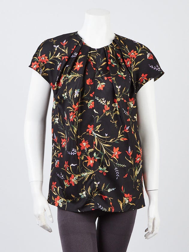 Balenciaga Black and Multicolor Floral Print Silk Blouse Size 2/36