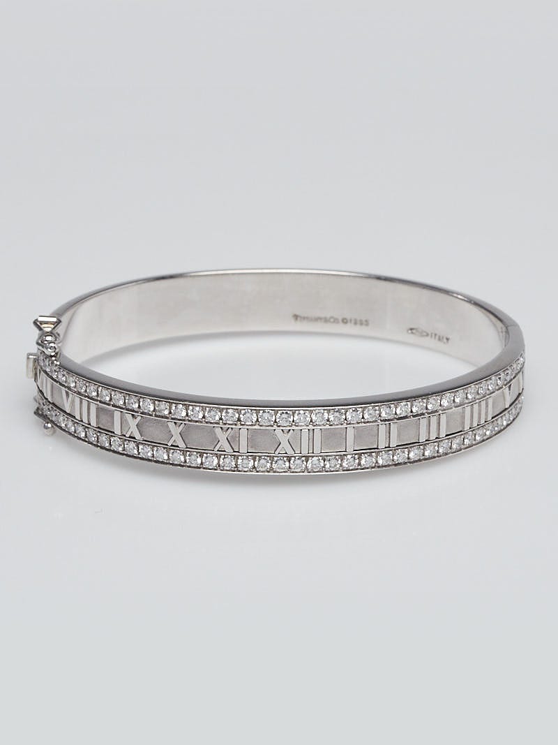 Tiffany and Co. Atlas Roman Numeric Gold Hinged Bangle Bracelet with  Diamonds