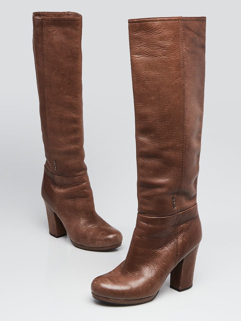Prada Brown Pebbled Leather Knee High Heeled Boots Size 5.5/36