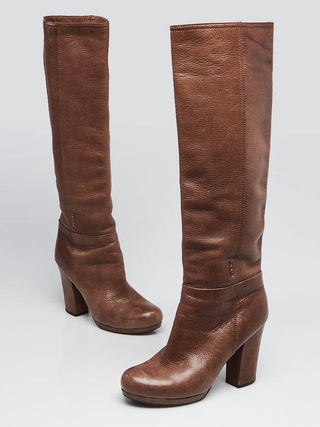 Prada Brown Pebbled Leather Knee High Heeled Boots Size 5.5/36