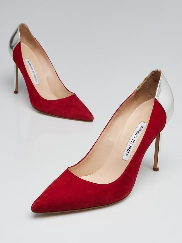 Manolo Blahnik Red Suede and Silver Leather BB 105 Pointed Toe Pumps Size 9.5/40