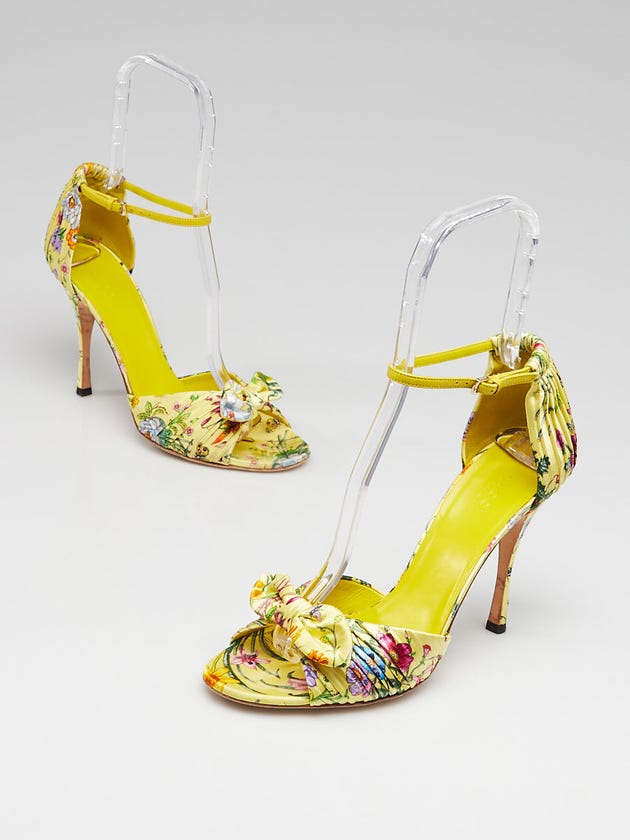 Gucci Yellow Floral Print Satin Open Toe Ankle Wrap Sandals Size 9B