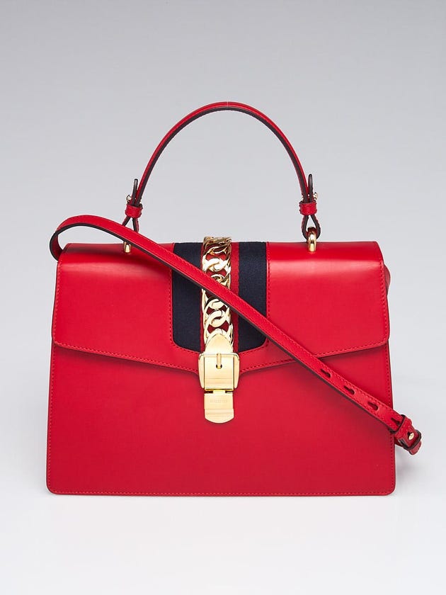 Gucci Red Smooth Calfskin Leather Vintage Web Medium Sylvie Shoulder Bag
